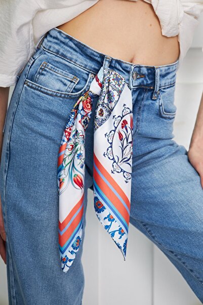 D scarf Kadın Mavi Desenli Fular Bandana