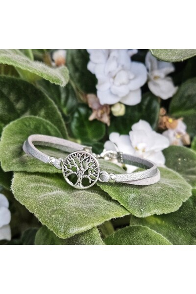 Wild Bracelets Bratara Copacul vietii, din piele intoarsa , argintie, lucrata manual by