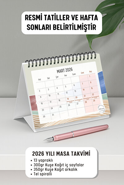 Eldesen Tasarım 2026 Masa Takvimi Spiralli A6 (15x12cm) Orta Boy / Resmi Tatiller ve Hafta Sonları / 12 Aylık