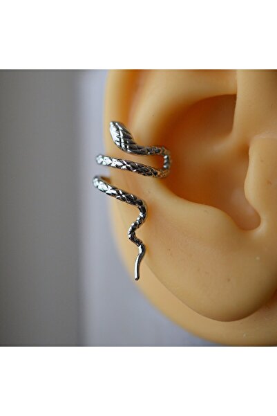 Heppii Gümüş Renkli Çelik Yılan Model Earcuff Yılan Sıkıştırma Kıkırdak Küpesi