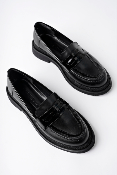 MARSHETTA Velora Model Siyah Cilt Rugan Detaylı Kadın Loafer Günlük Ayakkabı Makosen