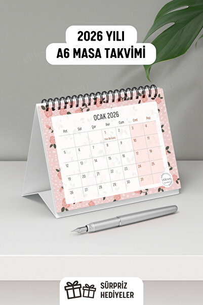 Eldesen Tasarım 2026 Masa Takvimi Spiralli A6 (15x12cm) Orta Boy / Resmi Tatiller ve Hafta Sonları / 12 Aylık