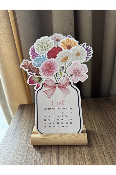 WALLHUMAN 2026 Ahşap Ayaklı Çiçekli Mini Özel Tasarım, Masaüstü Takvim - Yeni Yıl