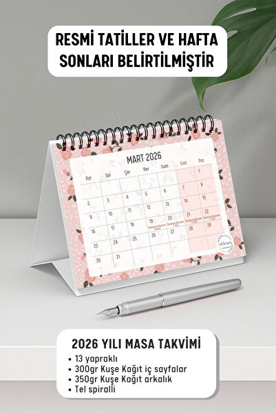 Eldesen Tasarım 2026 Masa Takvimi Spiralli A6 (15x12cm) Orta Boy / Resmi Tatiller ve Hafta Sonları / 12 Aylık