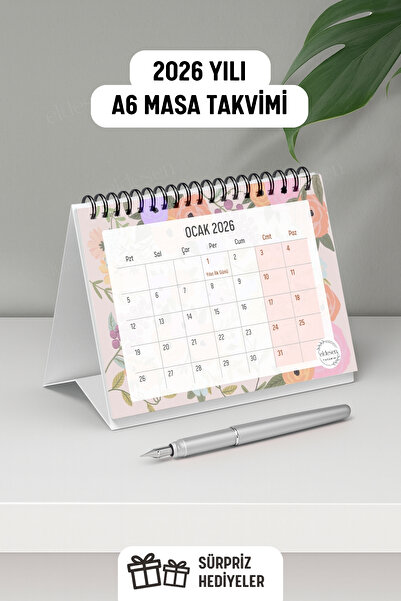 Eldesen Tasarım 2026 Masa Takvimi Spiralli A6 (15x12cm) Orta Boy / Resmi Tatiller ve Hafta Sonları / 12 Aylık