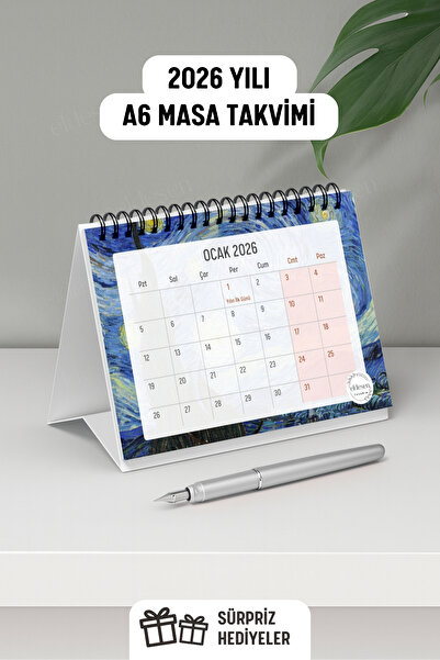 Eldesen Tasarım 2026 Masa Takvimi Van Gogh Spiralli A6 (15x12cm) Orta Boy / Resmi Tatiller ve Hafta Sonları / 12 Ay