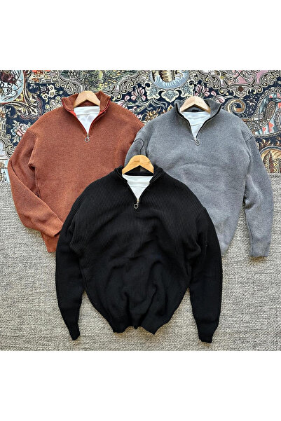 pepule 3 Pieces Half Zipper Smoked Black Tile Knitwear Sweater