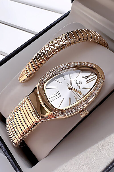 Homies Orijinal Özel Kutulu Kadın Kol Saati Su Geçirmez Gold Renk Çelik Kordon + Bileklik HMBY2033C1