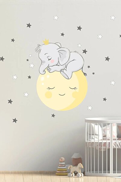 KT Decor Sleepy Elephant with Moon and Stars Children's Room Wall Sticker Set