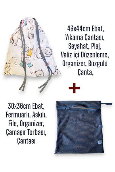 yorni İkili Eko Set, 1 Adet Ayıcık Desenli Ve 1 Adet Siyah File Çanta, Yıkama...