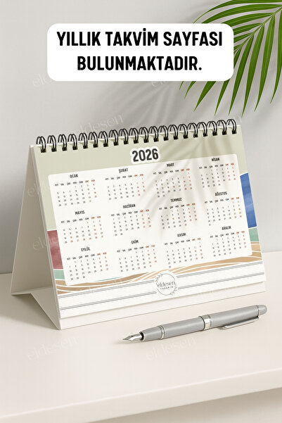 Eldesen Tasarım 2026 Masa Takvimi Spiralli A5 (21X16CM) Büyük Boy / Resmi Tatiller Ve Hafta Sonları / 12 Aylık