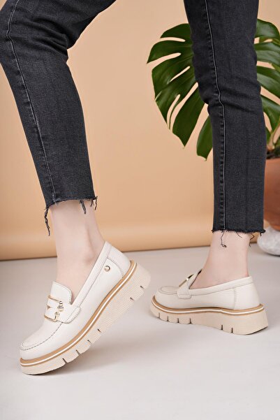 Mammamia D25YA 3760 Krem Hakiki Deri Maskulen Kadın Ayakkabı