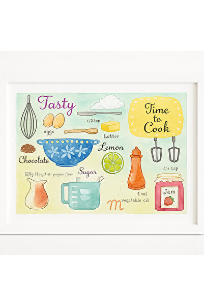 esdekor Cushioned Patterned Enjoyment Tray Breakfast Tray Time To Cook 46x36cm White Yellow Ornamental Serving 1 Piece