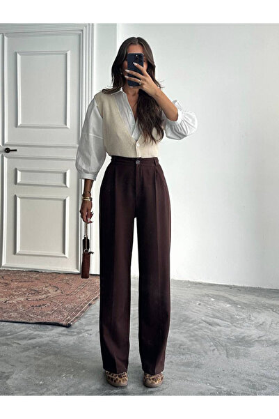 Panku Bizu Design Store Sorbonne Acı Kahve Pileli Palazzo Pantolon