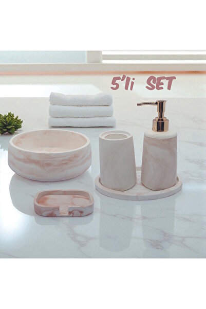 ODİ HOME Set de baie din piatră din 5 piese, dozator de săpun lichid, suport pentru periuță de dinți, set de tavă pentru bol, alb - maro cu model de marmură