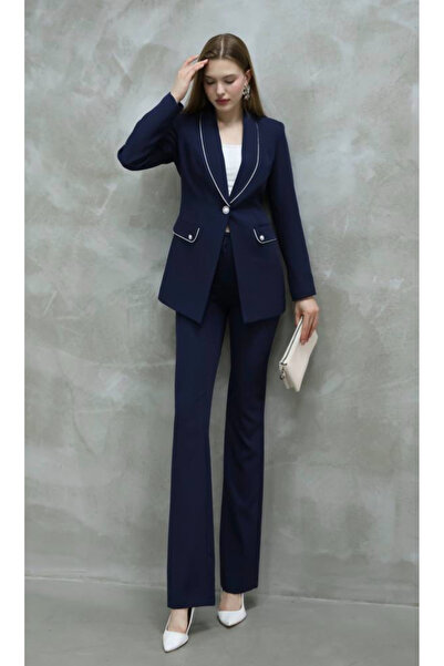 pembekurdelem Kadın Gümüş Detay Ceket Pantolon Takım Lacivert