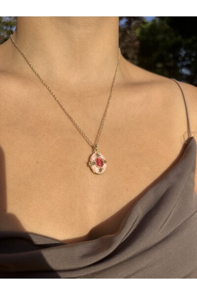 AmoriaJewellery BOHEM TAŞLI, ÇELİK RESİMLİKLİ KOLYE