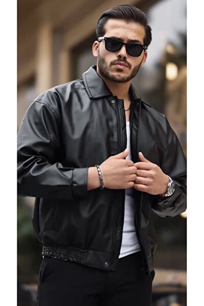 PRİFALDİ Men's Black Oversize Vintage Leather Jacket