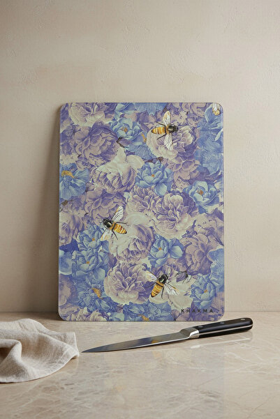 KHAKMA Violetgarden Glass Cutting Board – 25X35 cm |   Purple Floral Pattern |   Bee Design | Tempered Glass
