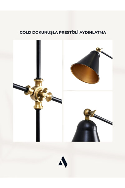Alldesco Axis Siyah Metal Lambader – Minimalist ve Dekoratif Tasarım, Ayarlanabilir Başlık, Gold Detaylı