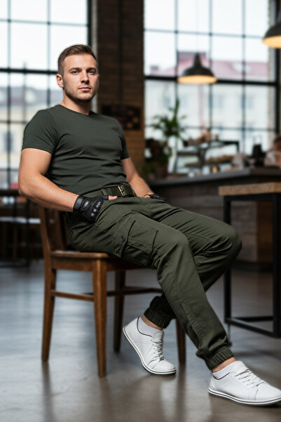 modacix Gabardin Kumaş Erkek Paçası Lastikli Askeri Kargo Tip Haki Pantolon - Erkek Kargo Pantolon