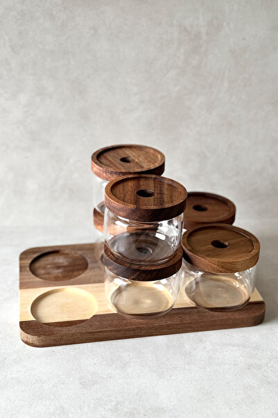 Dekorzdükkan 6'lı Standlı Yuvarlak Akasya Vakum Kapaklı Kahvaltılık Seti (BOROSİLİKAT CAM) Dkrz-687, One Size