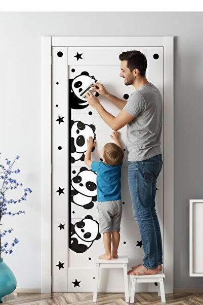 KT Decor Cute Pandas Black Stars and Polka Dots Door Cabinet Wall Sticker Set
