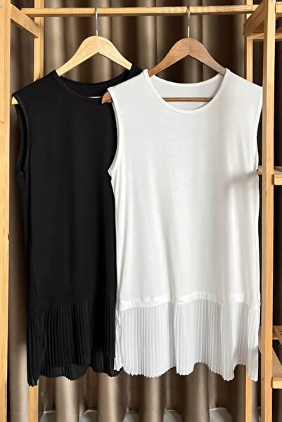 Modabenna قميص نسائي مسلم مطوي باللون الأسود من Ecru مكون من قطعتين ملابس داخلية تونيك مطوي بدون أكمام من ZeroKol