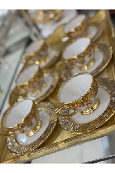 hediye Esterhomedecor 6-Person Porcelain Hand-Painted Gold Coffee Cup Set
