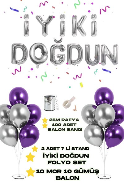 Baloncu Nene Happy Birthday Foil Balloon 2 Pieces of 7 Balloon Stand 10 Pieces Silver 10 Pieces Purple Balloon Birthday Ornament