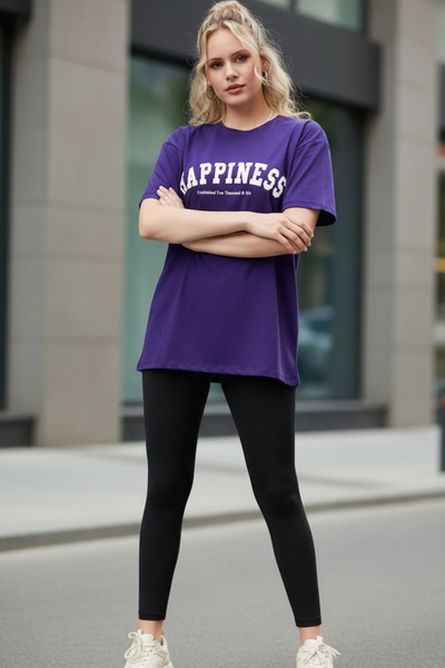 UNCİA OUTDOORS Μπλουζάκι με στάμπα με κείμενο Happiness, άνετο και μεγάλου με...