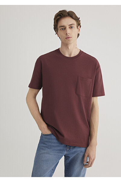 Mavi Cep Detaylı Bordo Basic Tişört Loose Fit / Bol Rahat Kesim 066248-70396