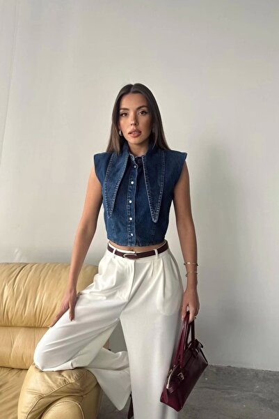 Genel Markalar Mavi Yaka Detaylı Denim Crop Mavi Kadın / Kız yelek şık rahat