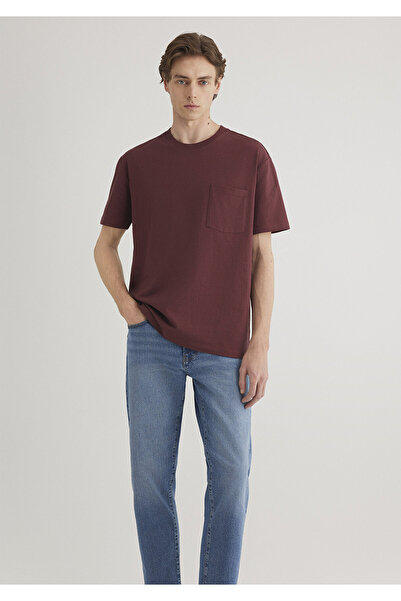 Mavi Cep Detaylı Bordo Basic Tişört Loose Fit / Bol Rahat Kesim 066248-70396