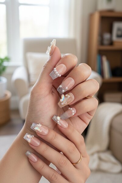 Easy Beauty Simli French Protez Tırnak SMALL Beden 10 Adet El Yapımı Takma Tırnak Seti 2403