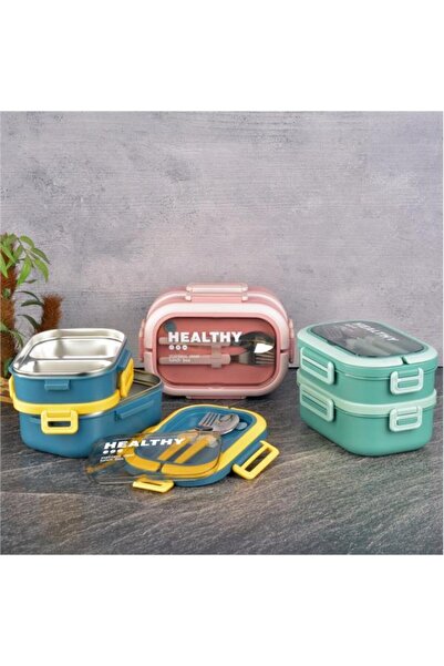 Tohana 1650ml Two-Layer 4-Compartment Steel Food Carry Container with Fork and Spoon