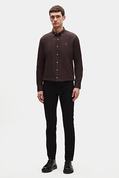 D'S Damat Ds Damat Slim Fit Bitter Coffee Oxford γιακά με κουμπιά Εύκολο σιδέρωμα Βαμβακερό πουκάμισο με λεπτομέρεια κεντήματος