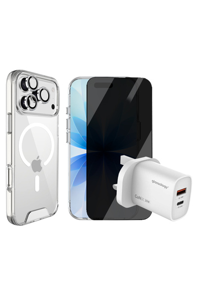 Glassology جراب مغناطيسي شفاف مع شاشة خصوصية وواقي عدسة + محول 30 وات لجهاز i...