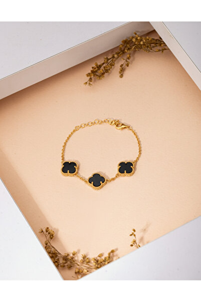Roza Silver 925 Ayar Oniks Taşlı Gold Üçlü Yonca Gümüş Bileklik