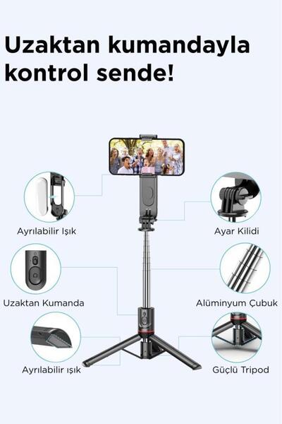 Torima L15 Siyah Led Işıklı Selfie Çubuğu Kablosuz Tripot Selfie Monopod Selfie Stick