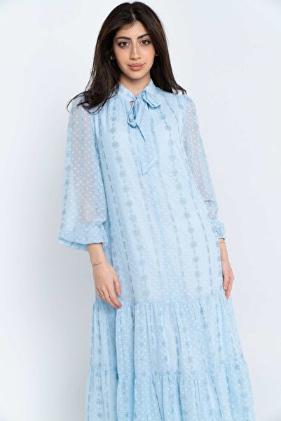 Nichii Women's Long Sleeve Midi Chiffon Dress with Bow Tie Collar