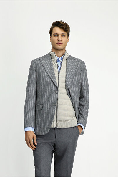 Kiğılı سترة كلاسيكية من الصوف بياقة مدببة وتصميم مخطط بقصة عادية