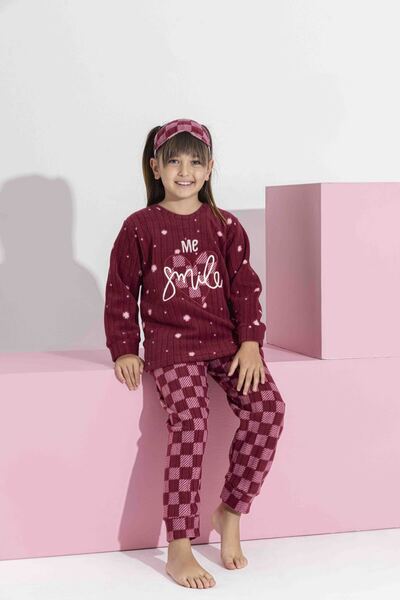 Tarık Kadın Mürdüm Dama Desen Anne-Kız Kombin Uzun Kol Polar Peluş Kumaş Kışlık Sıcak Tutan Pijama Takımı