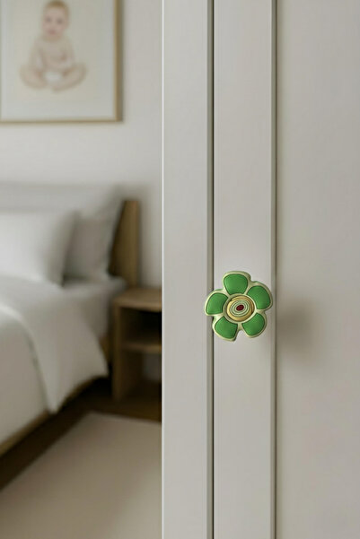 MegaVitrin Green Daisy Children's Room Furniture Handle - Single Screw - Polyester Cabinet and Drawer Handle