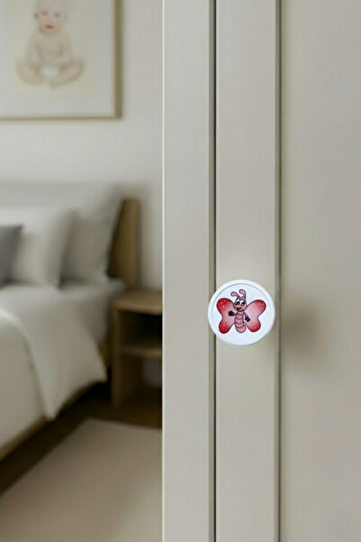 MegaVitrin Pink Butterfly Children's Room Furniture Handle - 55 mm - Abs Plastic Single Button Cabinet and Drawer Handle