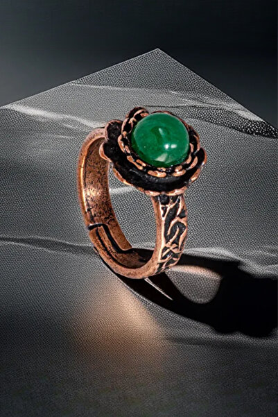 OSMANLI GÜMÜŞ خاتم نحاسي نسائي - خاتم نحاسي رفيع بتصميم قشرة شجرة من حجر العق...