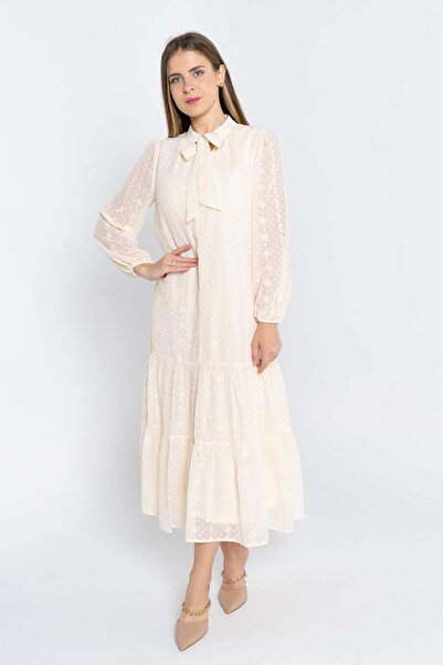 Nichii Women's Long Sleeve Midi Chiffon Dress with Bow Tie Collar