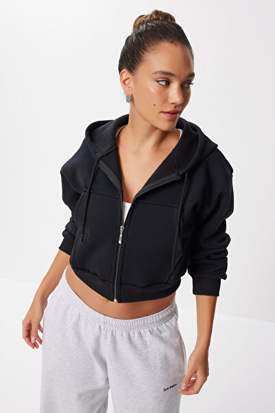 Lovelyİstanbul Fermuarlı Kapüşonlu Şardonlu Örme Crop Sweatshirt LEN0036 SİYAH