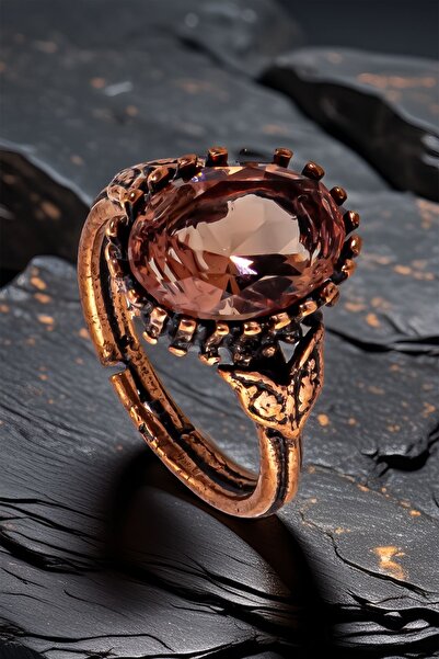 OSMANLI GÜMÜŞ Kadın Bakır Yüzük - Zultanit Taşlı Mekik Ağaç Kabuğu Model Bakır Yüzük