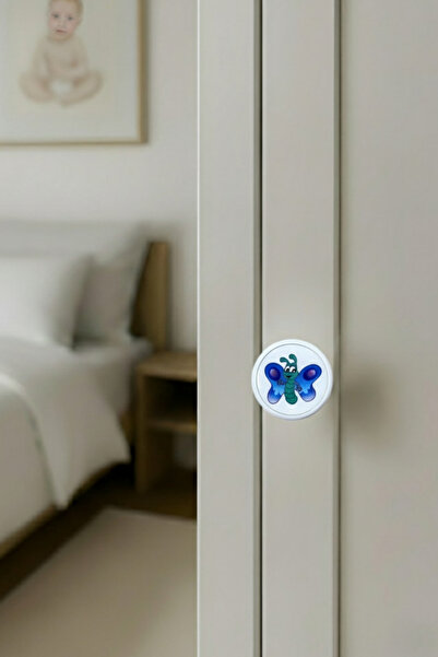 MegaVitrin Blue Butterfly Children's Room Furniture Handle - 55 mm - Abs Plastic Single Button Cabinet and Drawer Handle